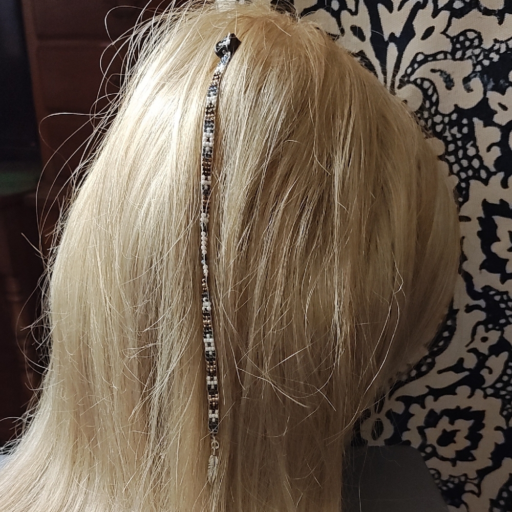 Beaded Hair Wrap – Black, White & Brown Accent